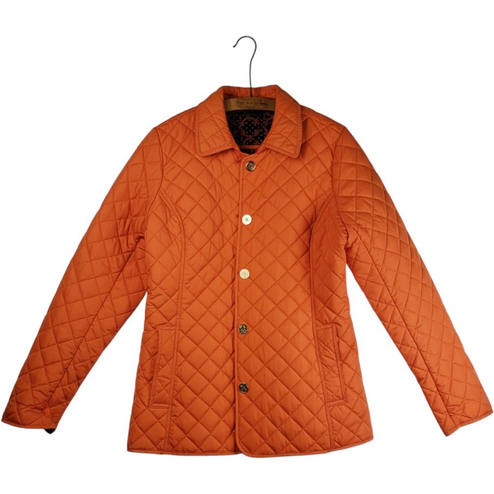 C. Wonder Small Orange Quilted Lightweight Jacket Gold Crest Buttons Blue Lining